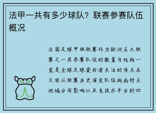 法甲一共有多少球队？联赛参赛队伍概况