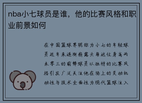 nba小七球员是谁，他的比赛风格和职业前景如何